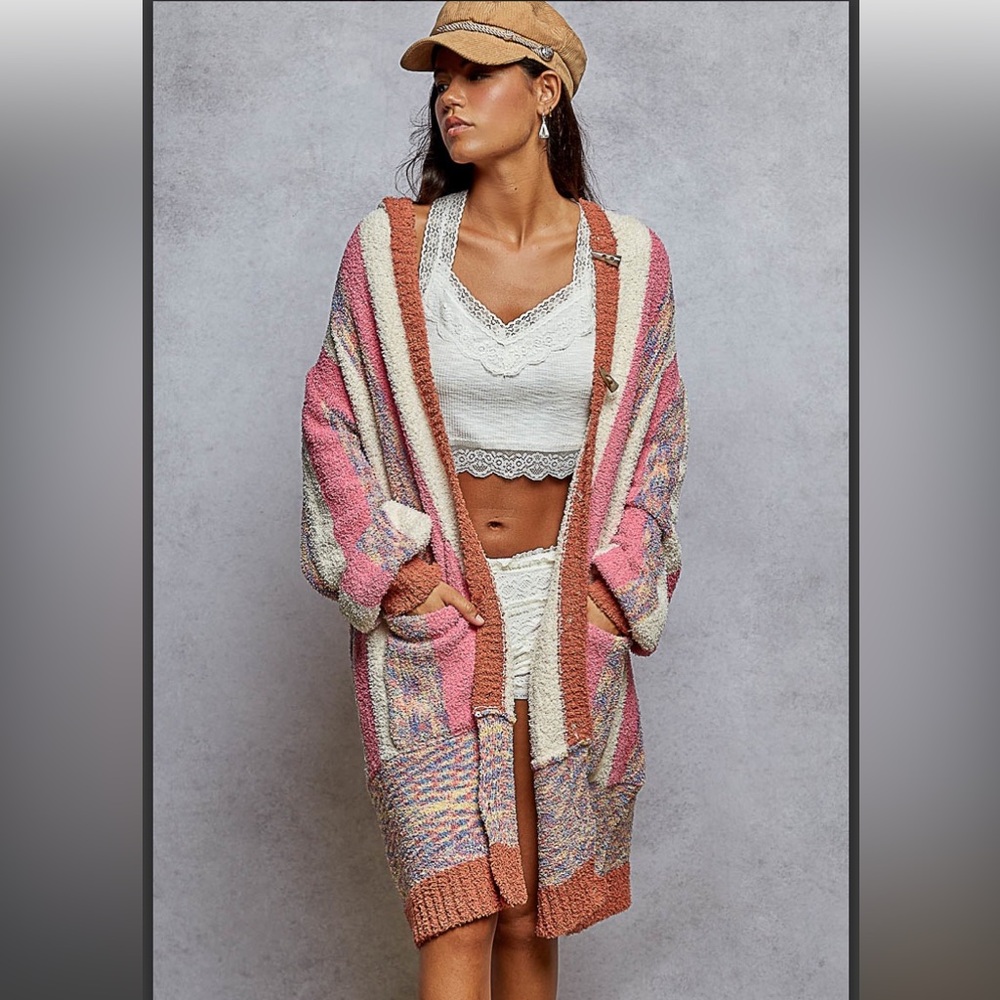 POL Pink and Cream Chenille Striped Cardigan